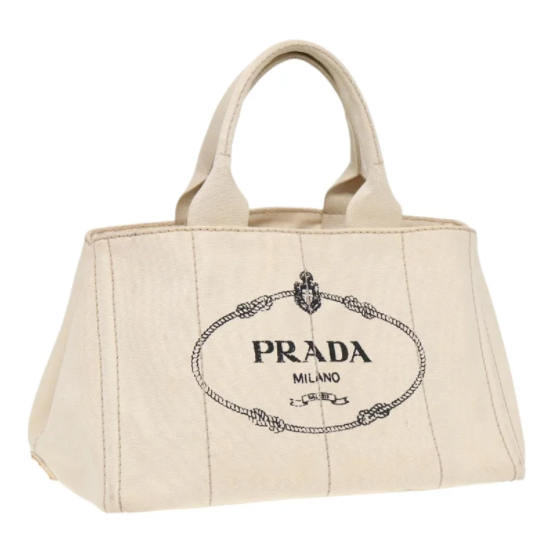 Prada tote bags with a printed Prada logo on the front for brand visibilityPRADA Canapa MM Hand Bag Canvas Cream Gold Auth 87108