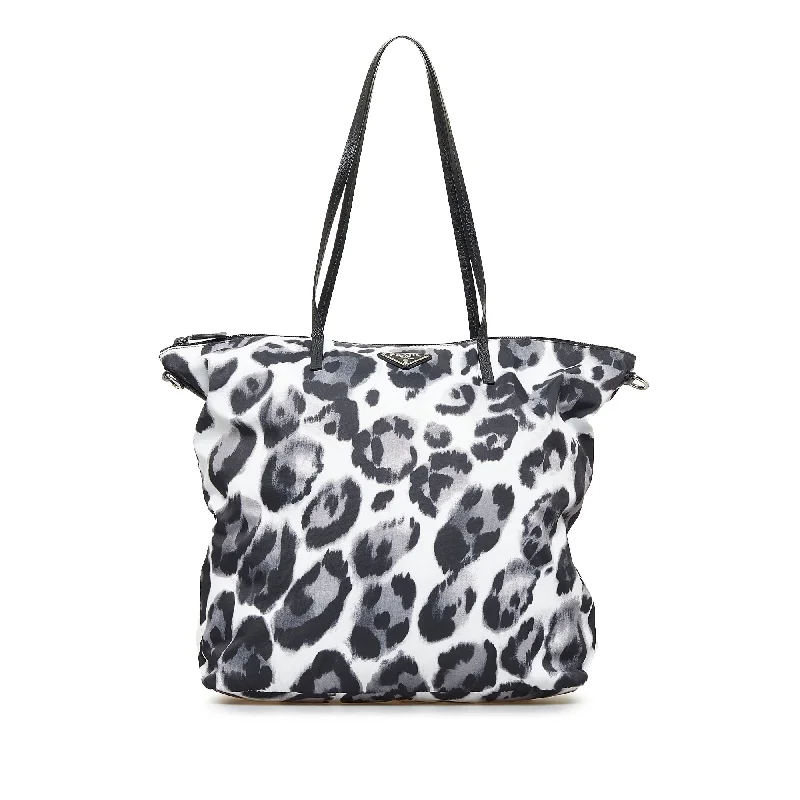 Prada Cleo bags with a curved shape and a chain - link shoulder strapPrada Tessuto Shopper Black White Printed Nylon Canvas