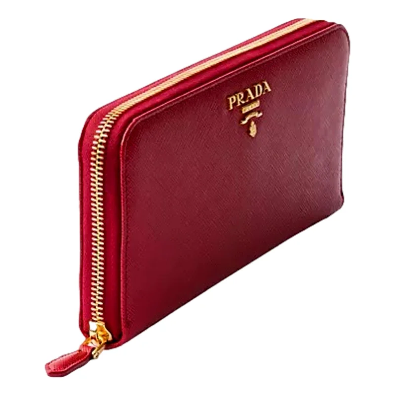 Prada bags with a back - zip pocket for storing valuables securelyPrada Saffiano Metal Red Leather Continental Wallet