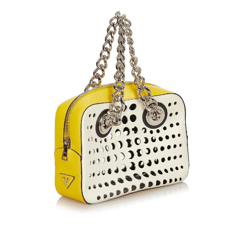 Ladies Prada Galleria bags with gold - toned hardware for a luxurious touchPrada City Fori Perforated Leather Handbag 32554