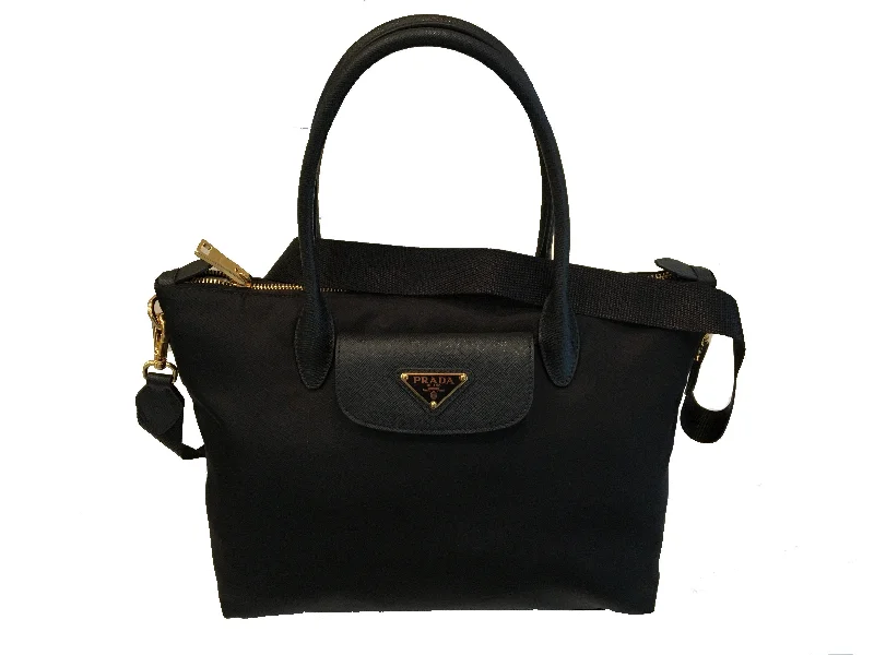 Medium - sized Prada tote bags in classic black for everyday versatilityPrada Tessuto Nylon Saffiano Leather Black Shopping Tote Bag 1BA106