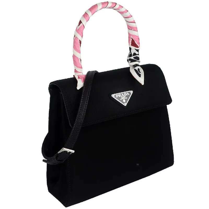 Prada bags with a chain - link trim and a leather body for a modern and stylish edgePrada Tessuto Foulard Handbag Silk Wrapped Handle Black Petalo 1BA656