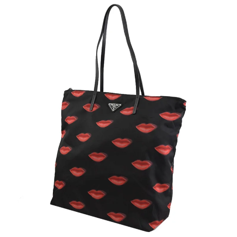 Ladies Prada Galleria bags with a textured leather surface for a more tactile lookPrada Tessuto Nylon Red Lips Black Shopping Tote 1BY300