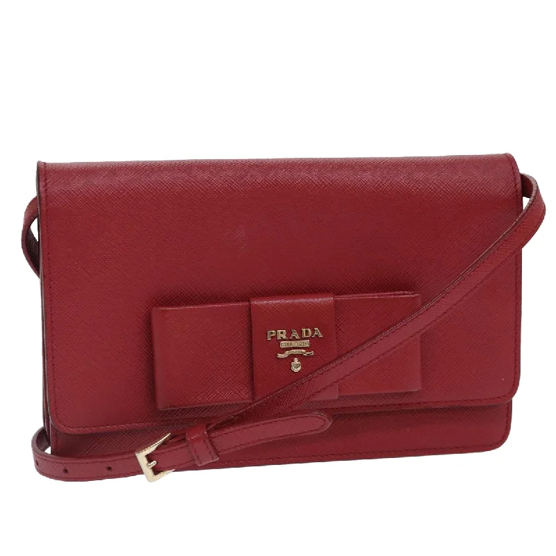 Prada bags with a detachable mobile phone holder for on - the - go conveniencePRADA Shoulder Long Wallet Safiano leather Red Gold Auth ep5211