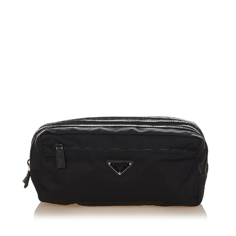 Prada Cleo bags with a snakeskin - effect panel for a bold and trendy lookPrada Tessuto Clutch Black Nylon Canvas