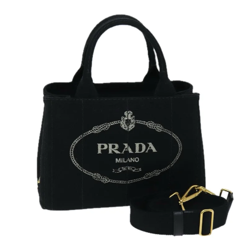 Prada bags with a chain - link trim and a leather body for a modern and stylish edgePRADA Canapa PM Hand Bag Canvas 2way Black Auth am6096A