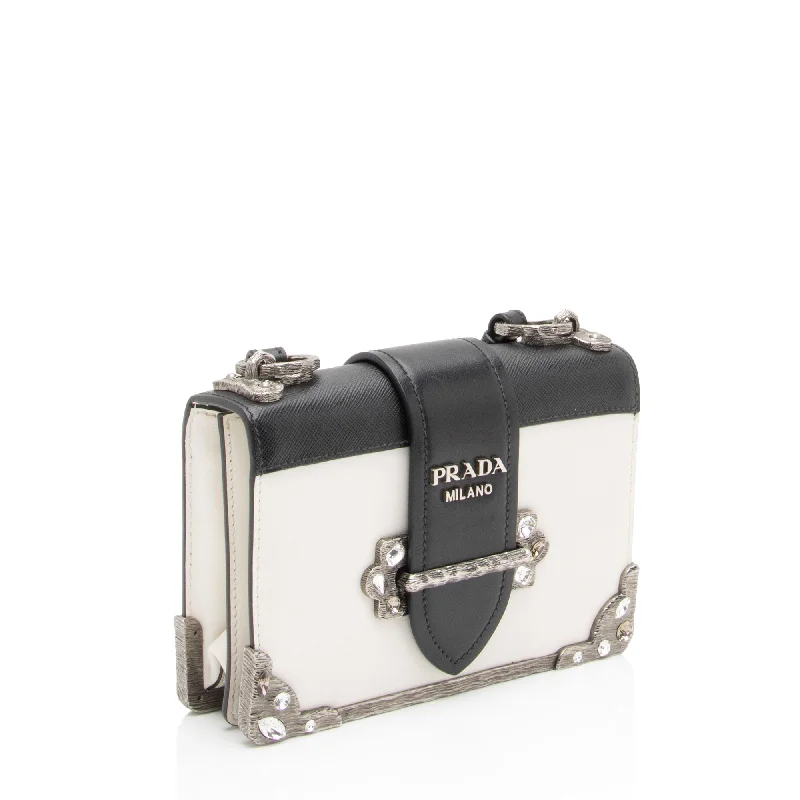 Prada bags with a chain - link trim and a leather body for a modern and stylish edgePrada Calfskin Crystal Cahier Shoulder Bag Hlddcz