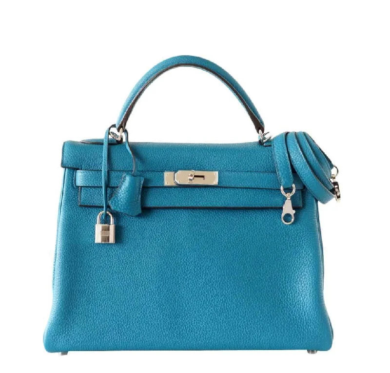 Hermès Kelly Bags with an embossed leather pattern for added textureHermès Kelly 32 Mou Blue Izmir Bag PHW