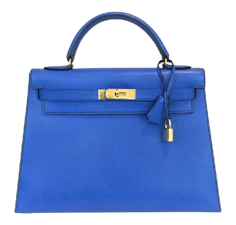 Hermès Kelly Bags with a back - pocket for additional storageHermès Kelly 32 Blue France Courchevel Leather Bag