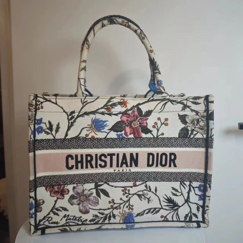 Christian Dior bags with a side - pocket for holding a water bottleChristian Dior Book Tote Multicolor Embroidered Floral Medium