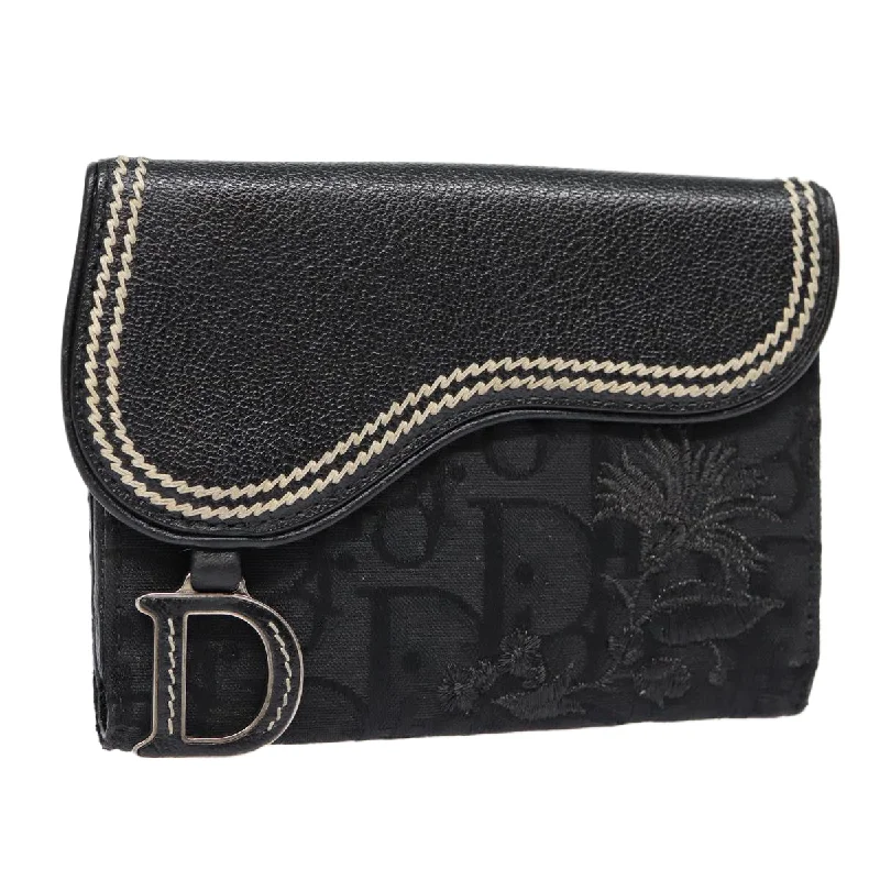 Christian Dior crossbody bags with a front - flap pocket for easy accessCHRISTIAN DIOR Trotter Canvas Saddle Wallet Black Silver Auth 88606